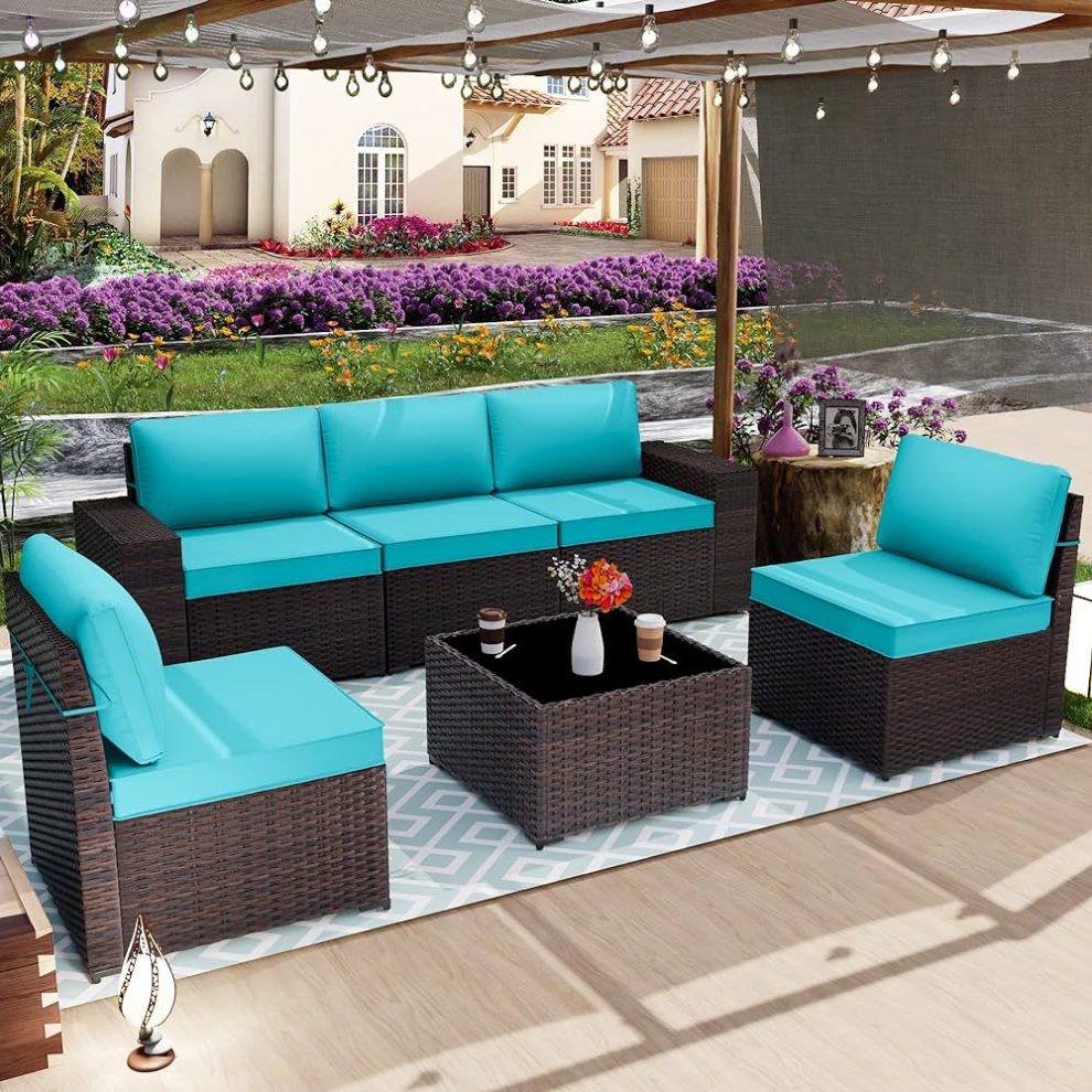 Amazon.com: ALAULM 6 Pieces Patio Furniture Set Sectional Sofa Set Outdoor  Furniture All Weather Brown PE Rattan Patio Conversation Set w/5 Blue Seat  Cushions and 1 Coffee Table : Patio, Lawn & Garden